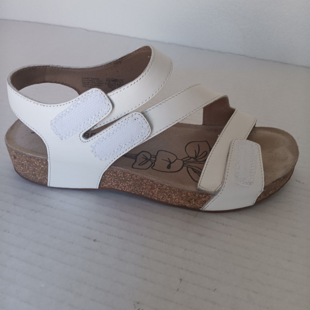 Josef Seibel Strappy Sandal Women 39 White Leather Adjustable Cork Wedge 78519 - Picture 6 of 7